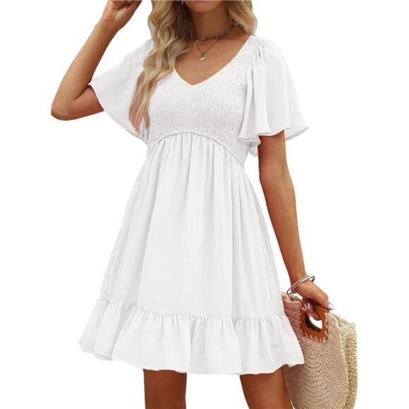 Women's Flowy Mini Dresses Smocked V Neck Flutter Sleeve Ruffle Dress w/ Pockets - Picture 1 of 6